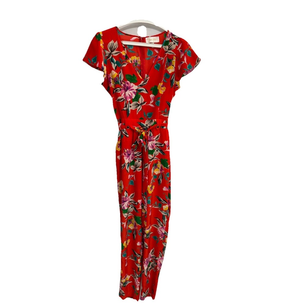 Yumi Kim Sz Small Silk Red Floral Belted Jumpsuit Summer Coastal Fun